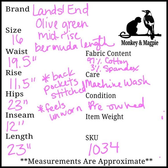 Lands End Olive Green Women's Olive Green Mid Rise Bermuda Length Shorts Size 16 - Picture 10 of 10